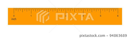 6 inches orange plastic or wooden ruler isolated on white background. Math or geometric tool for distance, height or length measurement with markup and numbers 94863689