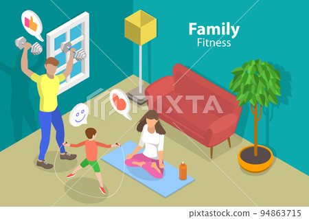 3D Isometric Flat Vector Conceptual Illustration of Family Fitness as Home 3D Isometric Flat Vector Conceptual Illustration of Family Fitness as Home 94863715