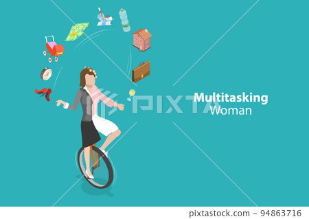 3D Isometric Flat Vector Conceptual Illustration of Multitasking Woman 3D Isometric Flat Vector Conceptual Illustration of Multitasking Woman 94863716