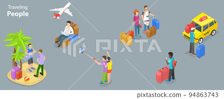 3D Isometric Flat Vector Conceptual Illustration of Set of Scenes with Traveling People 3D Isometric Flat Vector Conceptual Illustration of Set of Scenes with Traveling People 94863743