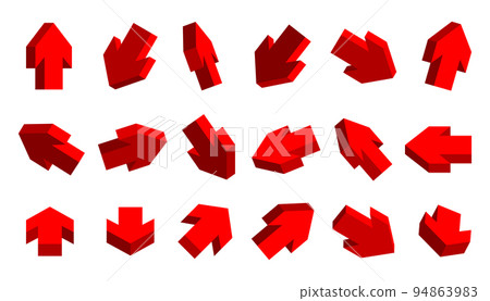 Arrow red 3d big set. Isometric cursor collection. Up down left right direction web button design element. Navigation simple pointer isolated on white background Arrow red 3d big set. Isometric cursor collection. Up down left right direction web button design element. Navigation simple pointer isolated on white background 94863983