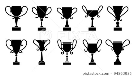 Goblet flat black icon set. Champion gold prize. Different shape winner trophy silhouette. Victory leaderships cups. Cup cartoon sign. Best choice symbol. Championship award emblem isolated on white 94863985