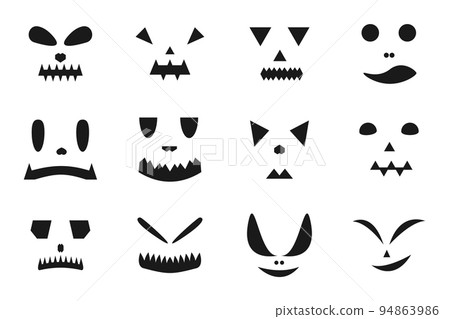 Pumpkins emoji faces black flat icons set. Web sign kit jack o lantern. Halloween pictogram collection animation kit, emotion create. Simple cartoon emoticon scary, spooky, horror symbol isolated Pumpkins emoji faces black flat icons set. Web sign kit jack o lantern. Halloween pictogram collection animation kit, emotion create. Simple cartoon emoticon scary, spooky, horror symbol isolated 94863986