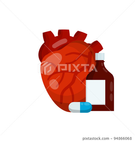 Heart and tablet packaging. Bottle of pills. 94866068