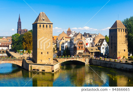 Strasbourg cityscape with Ponts Couverts and watchtowers seen from Barrage Vauban 94866665