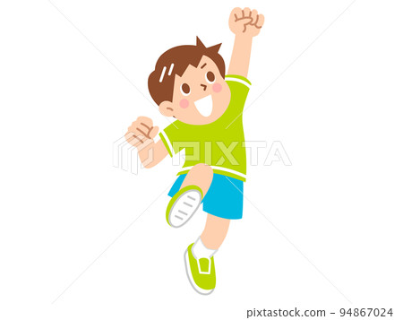 一個微笑的男孩跳著做膽量姿勢 一個微笑的男孩跳著做膽量姿勢 94867024