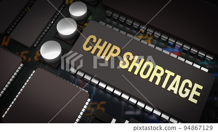 The  chip shortage text and ic and pcb board 3d rendering 94867129