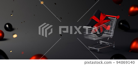 Online shopping, Black Friday graphic banner with shopping cart, gift box on black background 94869140