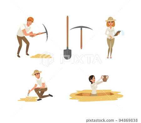 Set of archaeologists excavating historical artifacts. Archaeological tools vector illustration 94869838