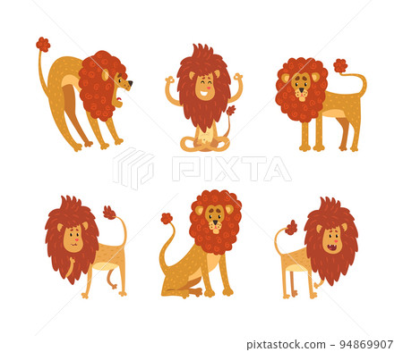 Funny lions in various actions set. Cute wild circus african animal standing, roaring, meditating vector illustration 94869907