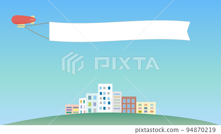 A red airship with a white banner that flies in the blue sky above the cityscape of green hills, aspect ratio 16:9 94870219