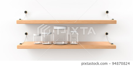 Kitchen shelves with blank glass jars isolated on white background. Wooden wall rack with clear plastic bottles, food containers with lids for storing bulk products or home canning Kitchen shelves with blank glass jars isolated on white background. Wooden wall rack with clear plastic bottles, food containers with lids for storing bulk products or home canning 94870824