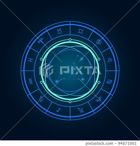 Magic wheel with leo star sign and twelve signs of the zodiac in a dark background, astrology, esotericism. Astrology zodiac star signs magic circle 94871001