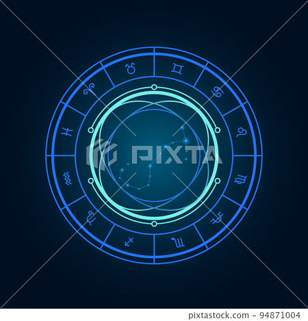 Magic wheel with scorpio star sign and twelve signs of the zodiac in a dark background, astrology, esotericism. Astrology zodiac star signs magic circle Magic wheel with scorpio star sign and twelve signs of the zodiac in a dark background, astrology, esotericism. Astrology zodiac star signs magic circle 94871004