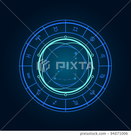 Magic wheel with capricorn star sign and twelve signs of the zodiac in a dark background, astrology, esotericism. Astrology zodiac star signs magic circle Magic wheel with capricorn star sign and twelve signs of the zodiac in a dark background, astrology, esotericism. Astrology zodiac star signs magic circle 94871006