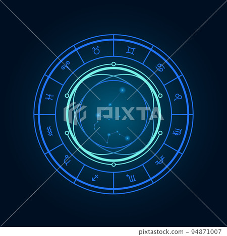 Magic wheel with aquarius star sign and twelve signs of the zodiac in a dark background, astrology, esotericism. Astrology zodiac star signs magic circle Magic wheel with aquarius star sign and twelve signs of the zodiac in a dark background, astrology, esotericism. Astrology zodiac star signs magic circle 94871007