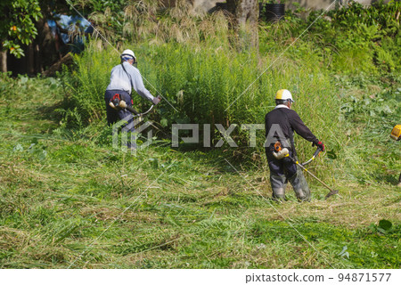 Men mowing weeds in fallow fields 94871577