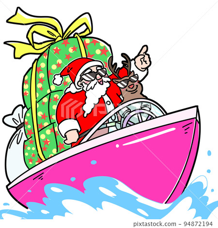 Happy Santa and reindeer delivering by boat 94872194