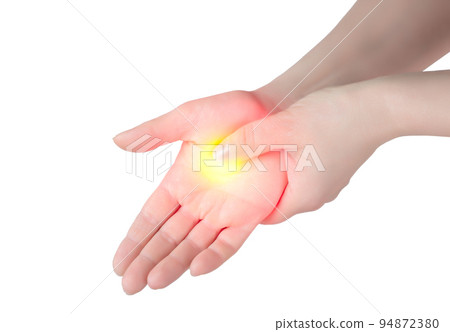 wrist pain. Closeup of female arms holding his painful wrist caused by prolonged work on computer, laptop. Carpal tunnel syndrome, arthritis, neurological disease isolated on white background 94872380