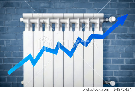 heating cost increase graph against background of heating radiator. heating and energy costs rise. Expensive heating costs during cold season. heating cost increase graph against background of heating radiator. heating and energy costs rise. Expensive heating costs during cold season. 94872434