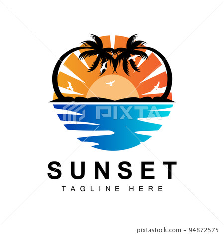 Sunset Beach Logo Design, Seascape Illustration, Red Day Vacation Spot Vector Sunset Beach Logo Design, Seascape Illustration, Red Day Vacation Spot Vector 94872575