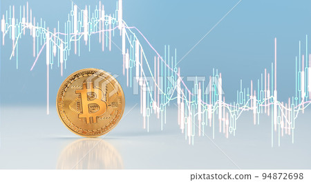 Cryptocurrency. Bitcoin Stock Growth. Chart shows strong decrease in price of bitcoin. Bitcoin gold coin and defocused virtual chart background. Virtual cryptocurrency concept 94872698