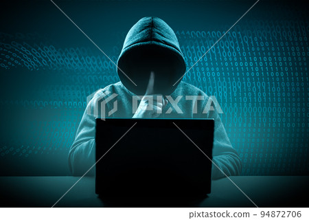 faceless hooded hacker showing silence gesture. Cyber attack, system breaking and malware. Internet crime and electronic banking security. dark digital background faceless hooded hacker showing silence gesture. Cyber attack, system breaking and malware. Internet crime and electronic banking security. dark digital background 94872706