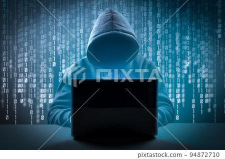 Cyber attack, system breaking and malware. Faceless hooded anonymous computer hacker. Hacking and malware concept. Faceless man in hoodie with laptop in the dark Cyber attack, system breaking and malware. Faceless hooded anonymous computer hacker. Hacking and malware concept. Faceless man in hoodie with laptop in the dark 94872710