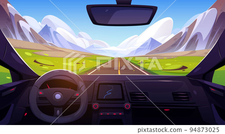 Road in mountain valley view from car windshield 94873025