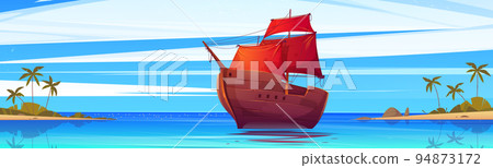 Wooden ship with red sails floating at seascape Wooden ship with red sails floating at seascape 94873172