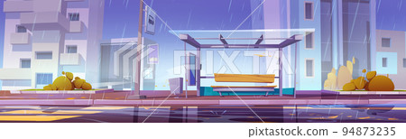 City bus stop at rainy weather, commuter station City bus stop at rainy weather, commuter station 94873235