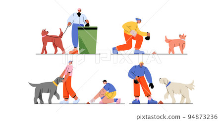 People walk with dogs, pick up poop in bag 94873236