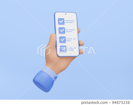 3D illustration hand holding smartphone checklist 3D illustration hand holding smartphone checklist 94873238