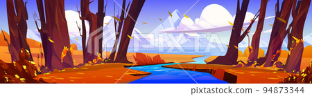 Cartoon landscape stream flow into mountain lake 94873344