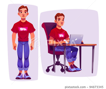 Man character standing and sitting with laptop 94873345