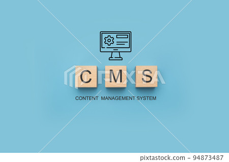 CMS Content Management System banner. CMS Block letters on blue background. Cms written on a wooden cubes. website management software, internet technology concept. 94873487
