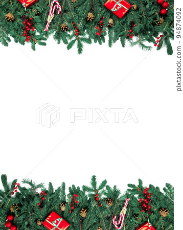 Holiday Christmas Frame. Blank business card with christmas tree branches. New year celebration concept banner. Minimalist mockup. Invitation to an event or party. Advertising information. Holiday Christmas Frame. Blank business card with christmas tree branches. New year celebration concept banner. Minimalist mockup. Invitation to an event or party. Advertising information. 94874092
