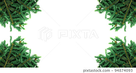 spruce branches isolated on white background arranged at corners of frame. template for greeting card for christmas or new year. christmas theme design elements spruce branches isolated on white background arranged at corners of frame. template for greeting card for christmas or new year. christmas theme design elements 94874093
