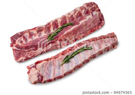 Racks of fresh raw pork meat ribs isolated on white background. Raw fresh pork ribs isolated on white background. Racks of fresh raw pork meat ribs isolated on white background. Raw fresh pork ribs isolated on white background. 94874363