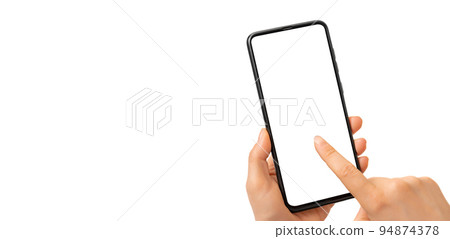 Woman hand holding black cell phone smartphone with blank white screen and modern design isolated on white background. Mockup phone. hand holding mobile phone Woman hand holding black cell phone smartphone with blank white screen and modern design isolated on white background. Mockup phone. hand holding mobile phone 94874378