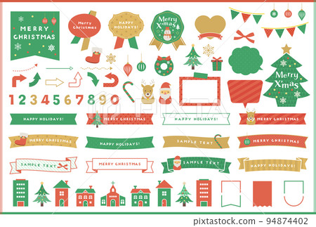 聖誕插圖圖標和框架、絲帶設計集/矢量、款待、語音氣泡、符號 94874402
