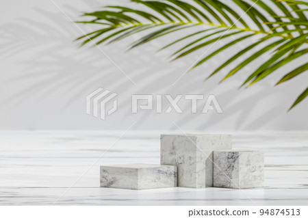 Product display stand with wooden cube under palm leaf. Pedestal for cosmetic product and packaging mockups display presentation. Summer modern showcase with cube marble podium Product display stand with wooden cube under palm leaf. Pedestal for cosmetic product and packaging mockups display presentation. Summer modern showcase with cube marble podium 94874513