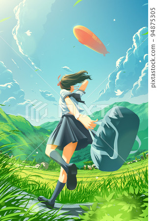 a Japanese school girl is running happily home in the countryside and noticing the zeppelin flying in the sky a Japanese school girl is running happily home in the countryside and noticing the zeppelin flying in the sky 94875305
