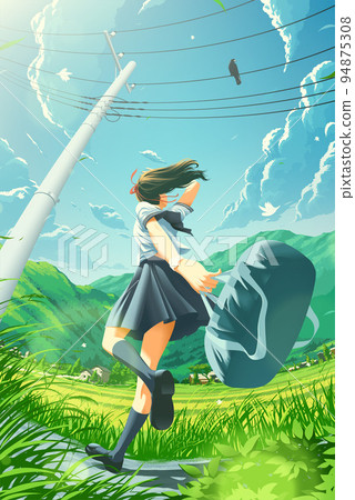 a Japanese school girl running happily home in the countryside and noticing a karasu is perching on the power wire 94875308