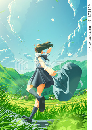 a Japanese school girl is running happily to home in the countryside 94875309