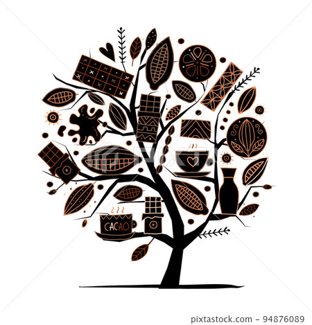 Chocolate, cacao and sweets. Concept art choco tree for your design. Vector illustration isolated on white Chocolate, cacao and sweets. Concept art choco tree for your design. Vector illustration isolated on white 94876089