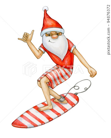 Surfing Santa Claus cartoon, isolated on white. Watercolor illustration. 94876372