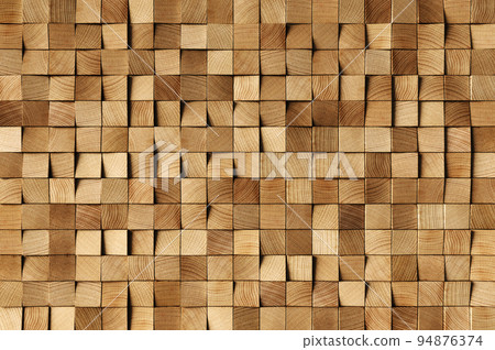 Natural wooden background. Wood blocks. Wall Paneling texture. Wooden squares, tile wallpaper. 3D Rendering 94876374