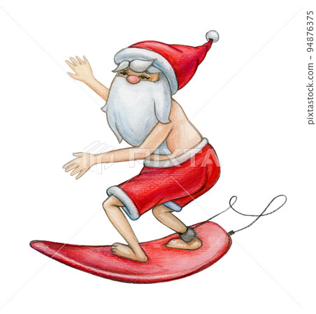 Surfing Santa Claus cartoon, isolated on white. Watercolor illustration. 94876375