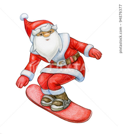 Santa Claus cartoon on snowbord, isolated on white. Watercolor illustration. Santa Claus cartoon on snowbord, isolated on white. Watercolor illustration. 94876377